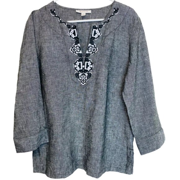 JM Collection Linen Tunic L Black White Embroidered 3/4 Sleeve Resort Boho - Picture 1 of 9
